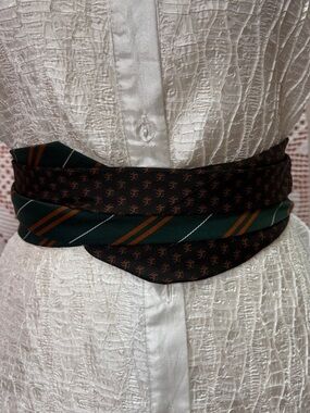 Upcycled Necktie Wrap Belt Green Brown Boho